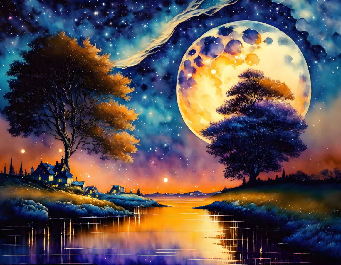 Surreal landscape at dusk: oversized moon, starry sky, silhouetted trees,