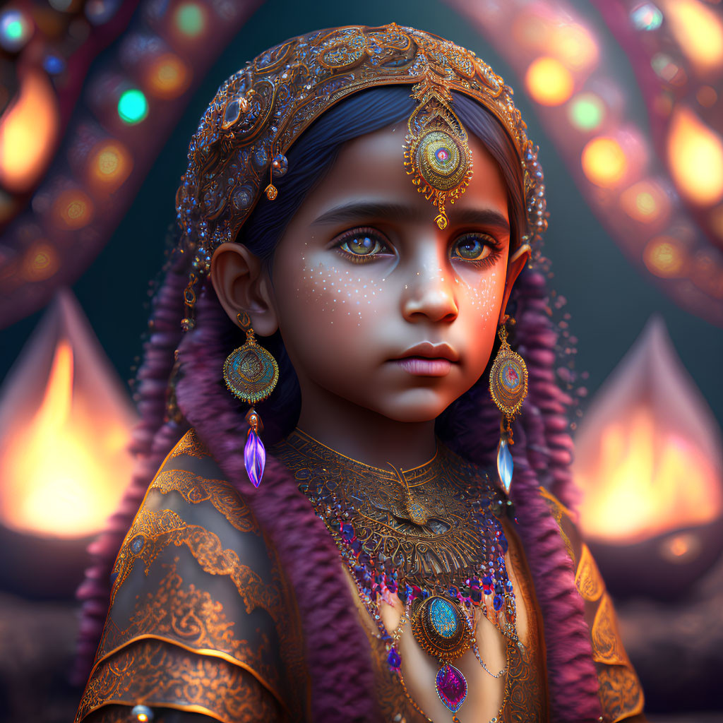 Intricate jewelry and traditional attire on a digital art portrait