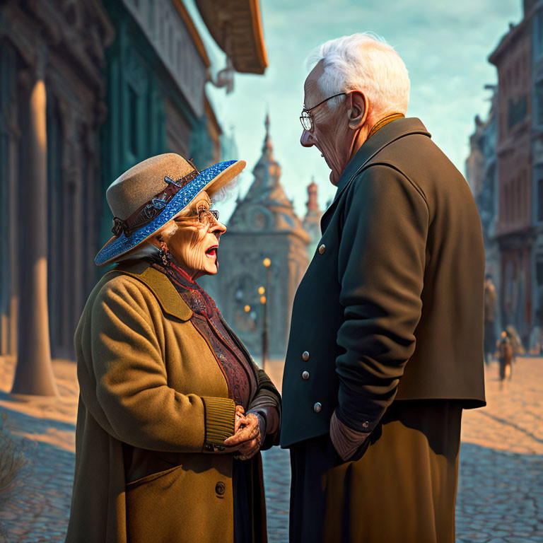 Elderly couple holding hands in charming historical street