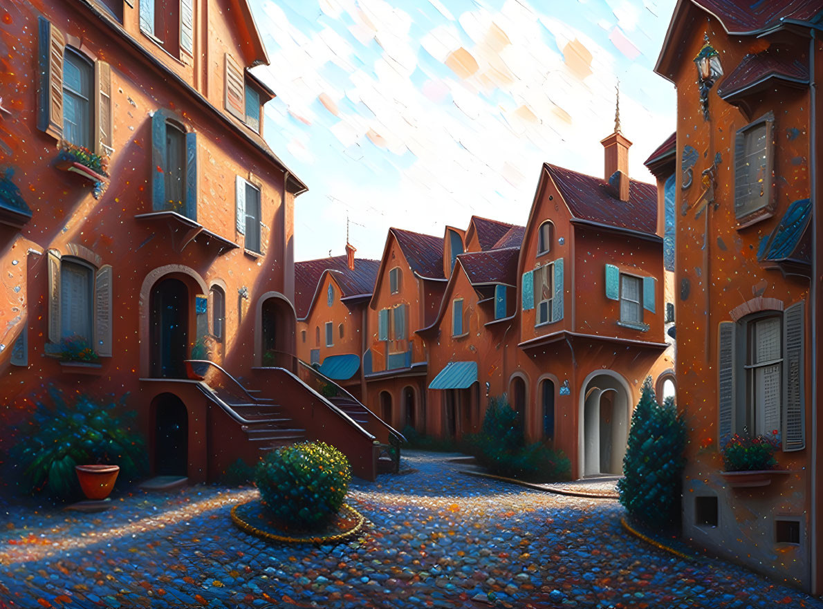 Charming cobblestone street with orange-toned houses at sunset