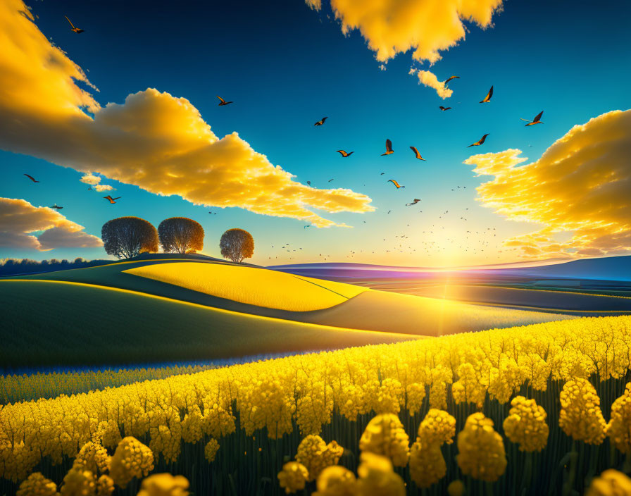 Scenic sunset landscape with rolling hills, yellow flowers, and silhouetted trees