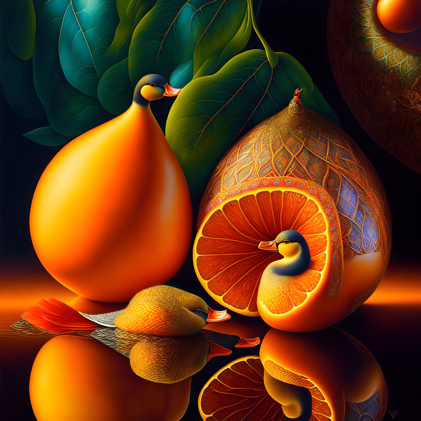 Colorful digital artwork: Citrus fruit birds on dark background with leafy textures