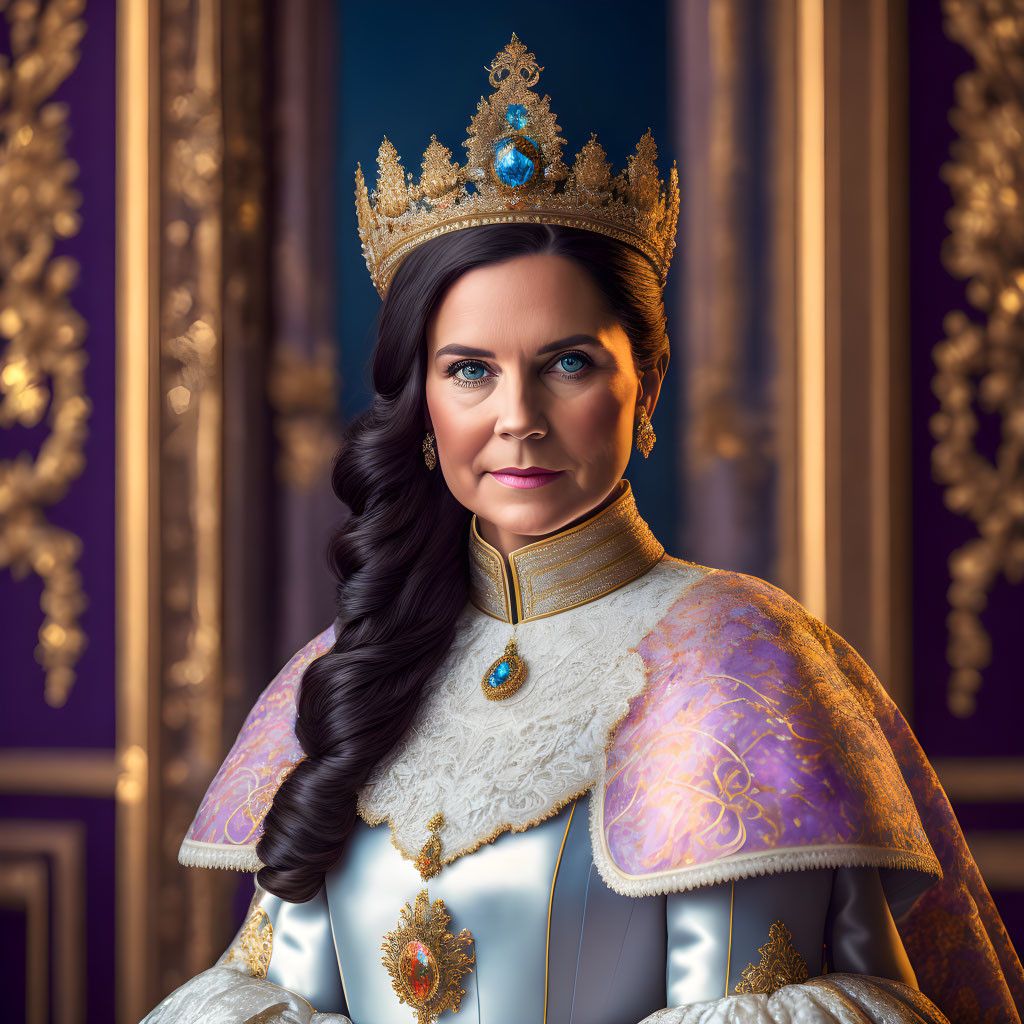 Regal woman in jeweled blue-and-gold gown poses against luxurious backdrop