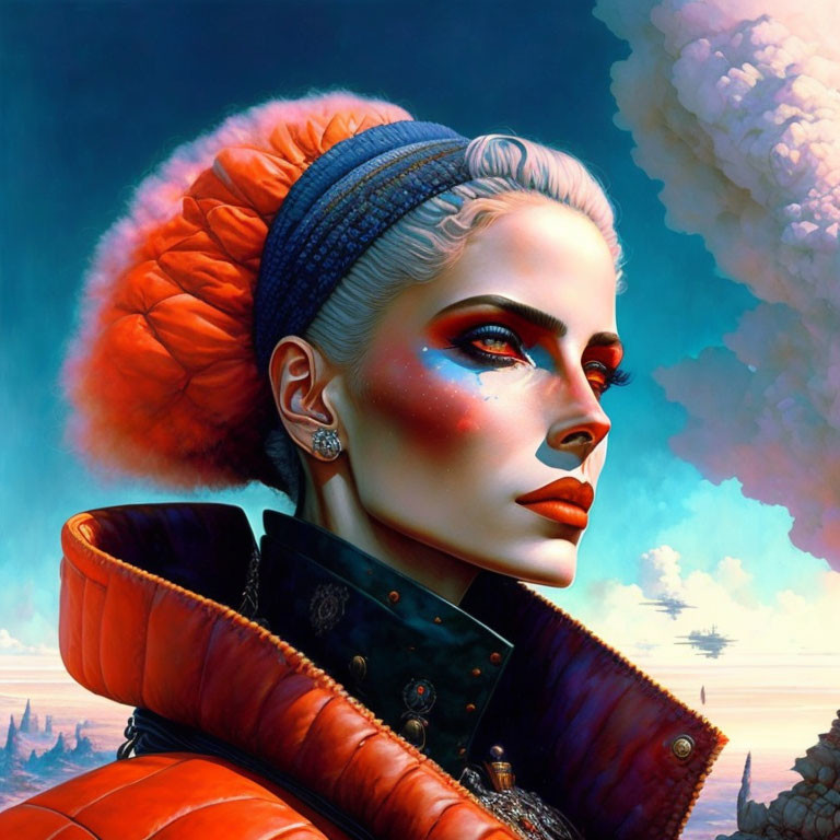 Illustrated woman with red makeup, blue headband, and orange fur jacket on cloudy sky background