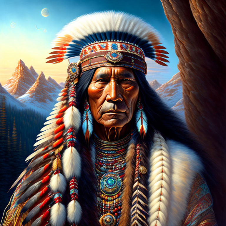 Illustration of Native American elder in traditional attire with feathered headdress against mountain sunset.