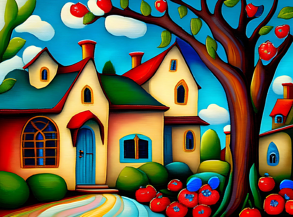 Vibrant painting of whimsical houses and apple trees under a blue sky