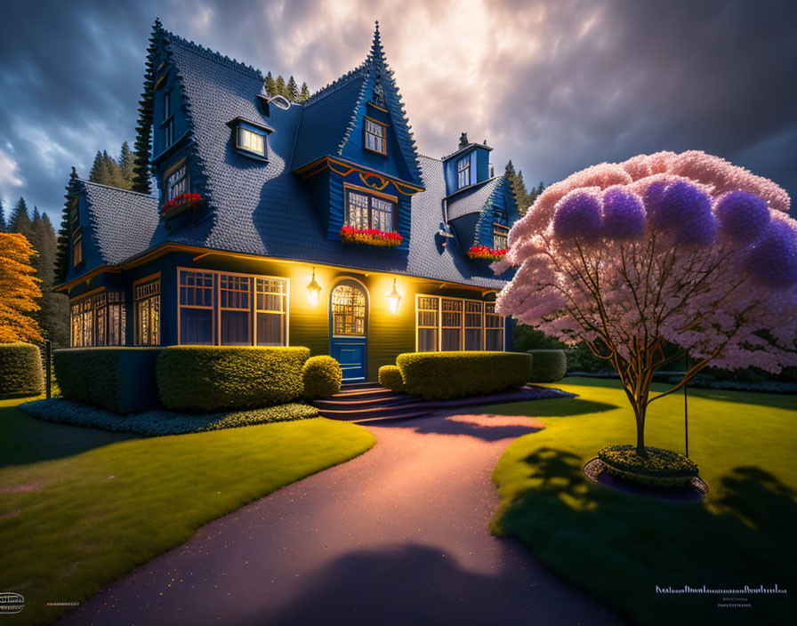 Victorian-style house in evening garden with glowing windows and pink tree