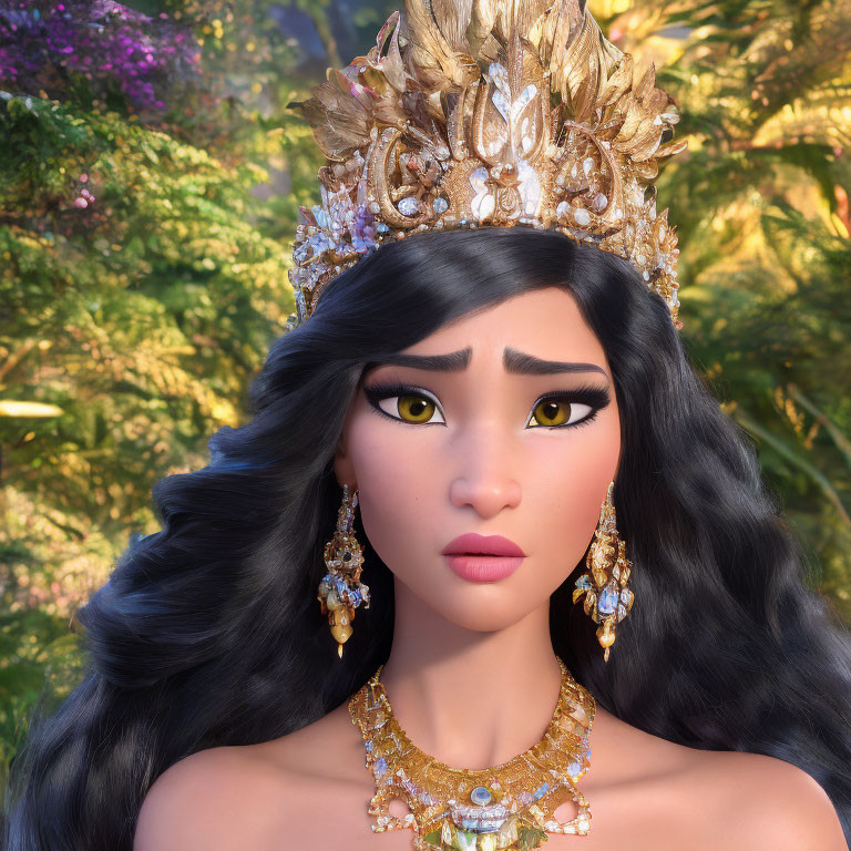 Animated character with long black hair, golden crown, and yellow eyes in front of violet flowers