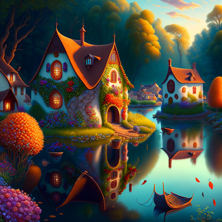 Whimsical evening scene of glowing houses, lush foliage, tranquil water, wooden boat