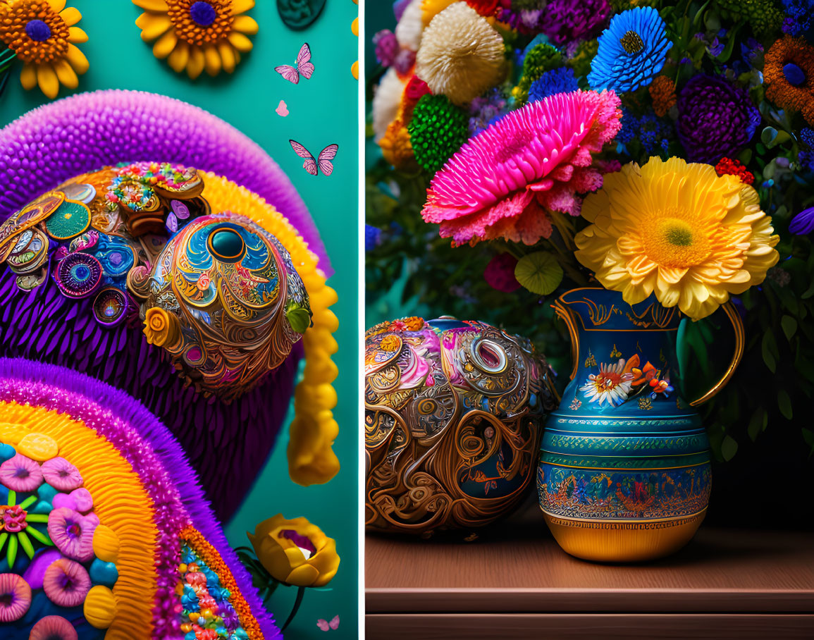 Vibrant still life with decorated eggs, flowers, and pitcher on wooden surface