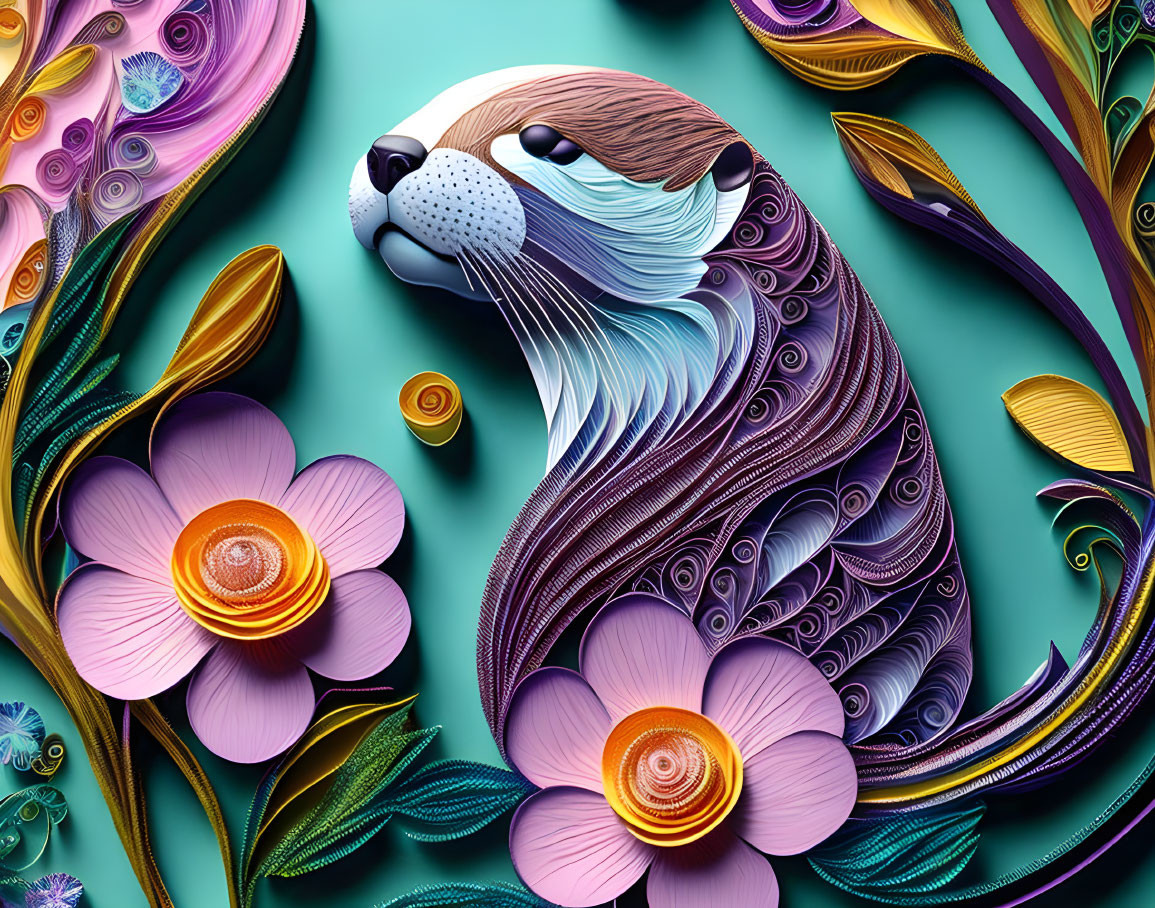 Colorful Paper Quilling Art: Sea Otter & Floral Design in Purple, Orange, Teal