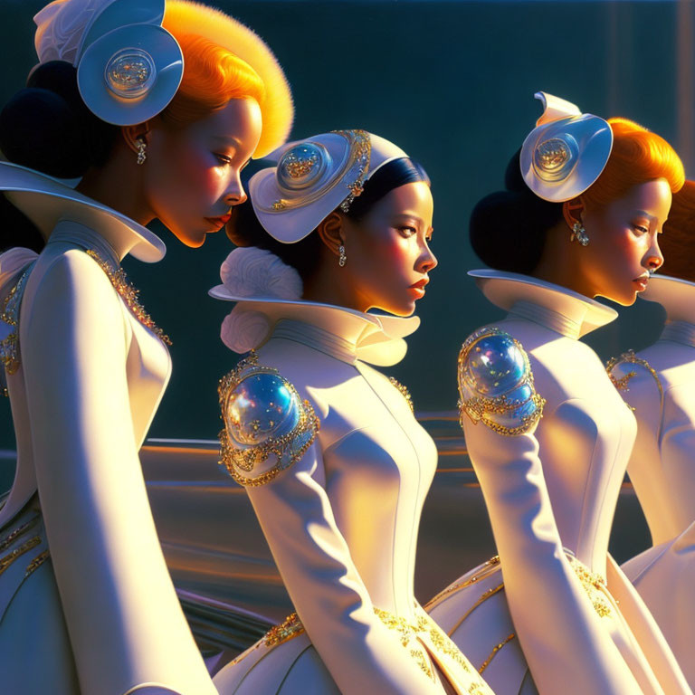 Stylized Women in Golden & White Futuristic Outfits