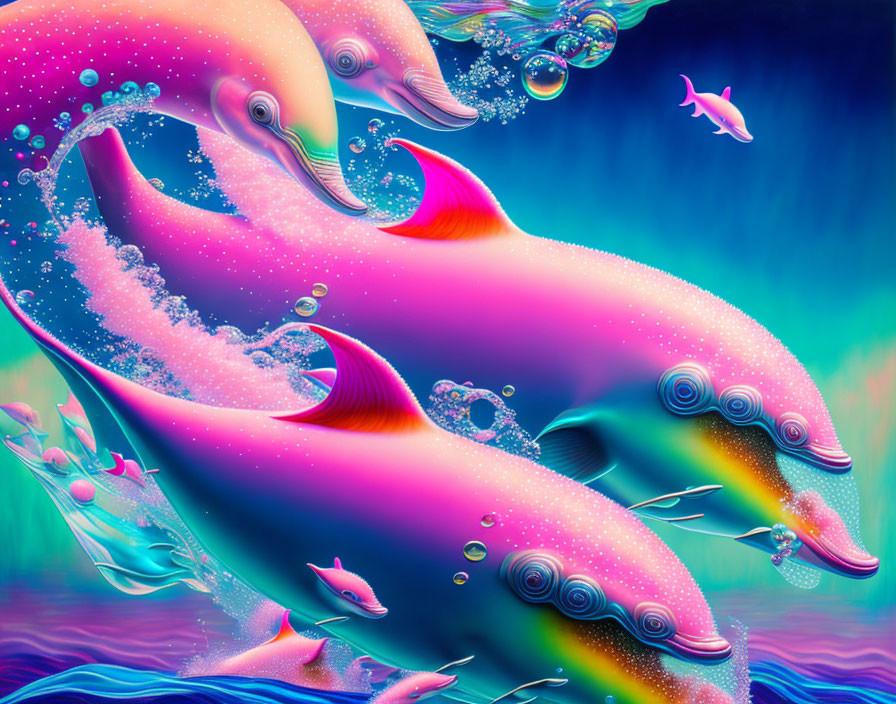 Vibrant surreal image: Dolphins with iridescent skin in underwater scene