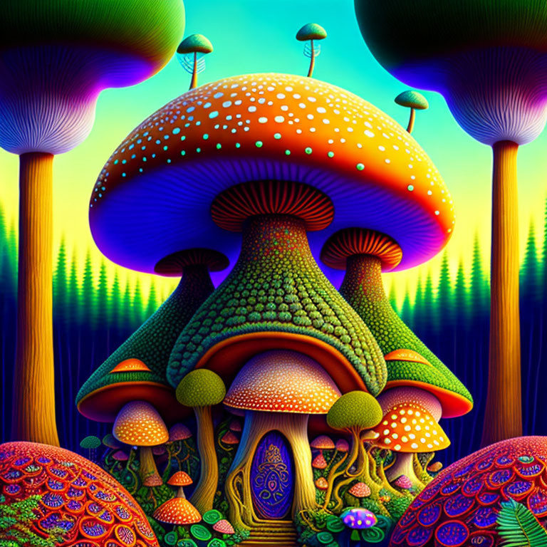 Colorful psychedelic artwork: oversized mushrooms in fluorescent forest