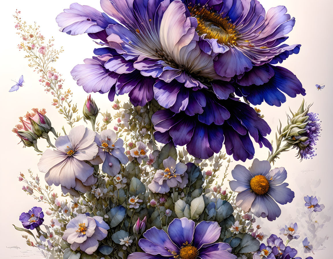 Purple and White Flower Bouquet with Butterflies on Pastel Background