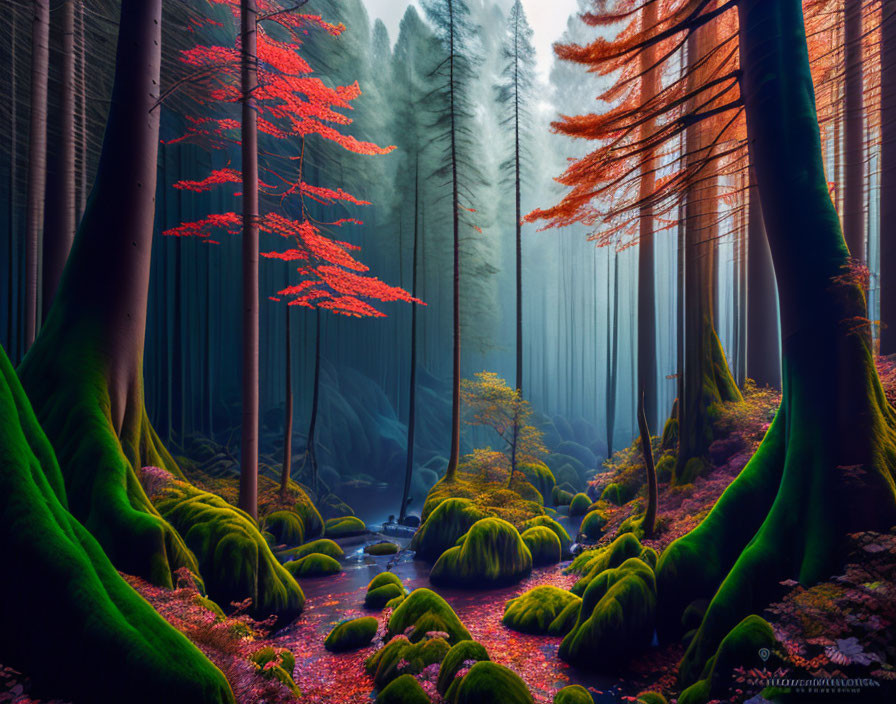 Enchanting forest scene with tall trees, red leaves, moss-covered rocks, and a tranquil stream