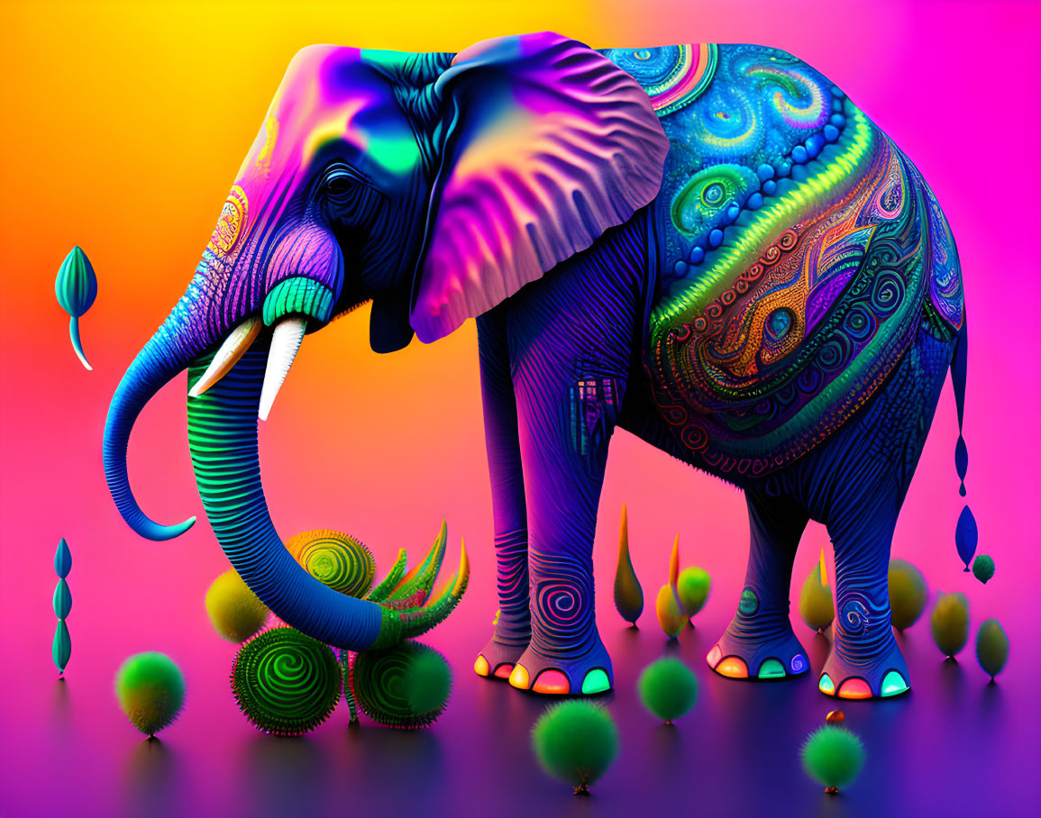 Vibrant psychedelic elephant art with intricate patterns on body