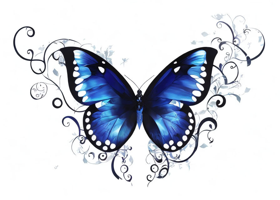 Blue Butterfly Artwork with Intricate Black Patterns and Floral Embellishments