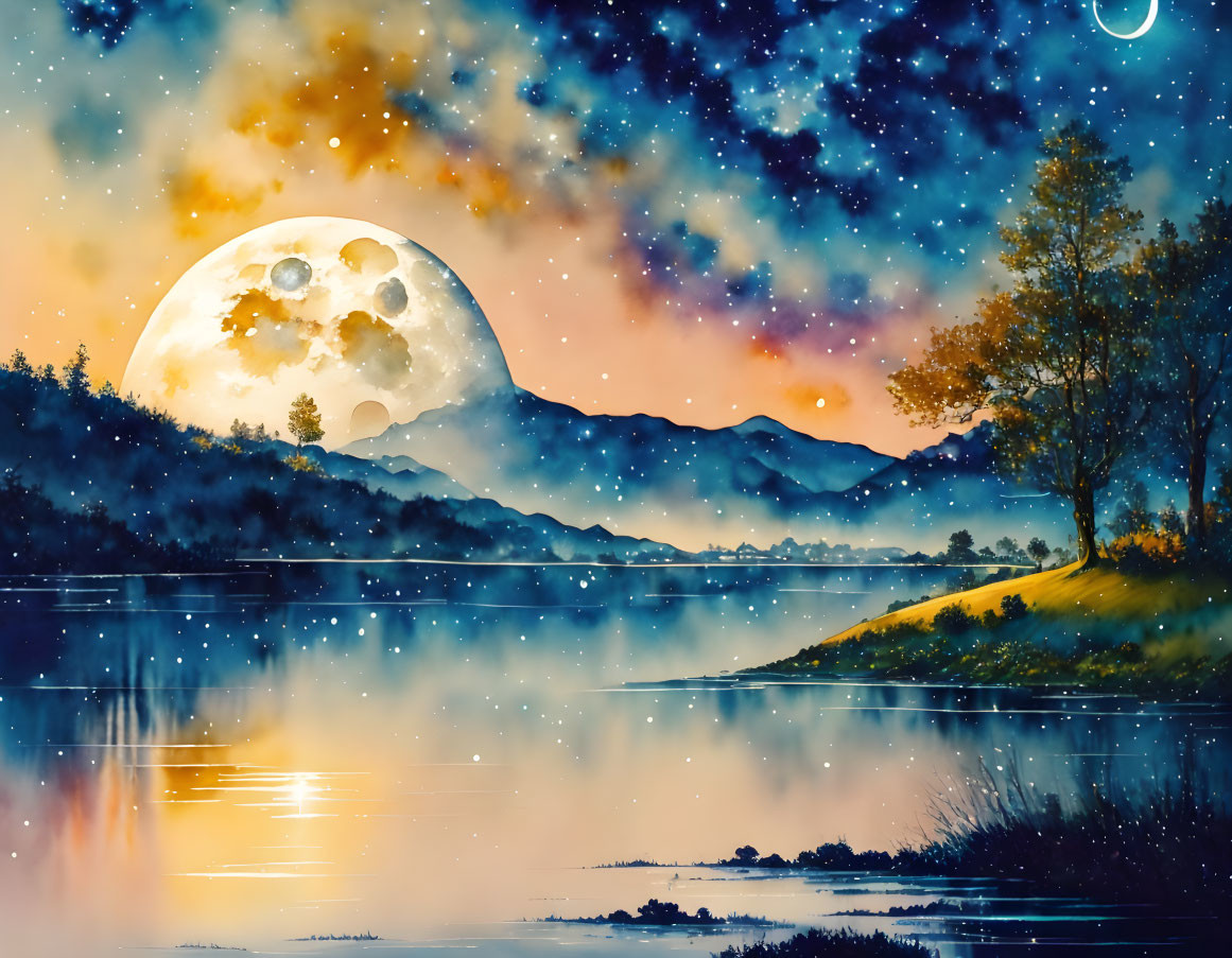 Scenic night landscape with full moon, mountains, stars, and tranquil lake