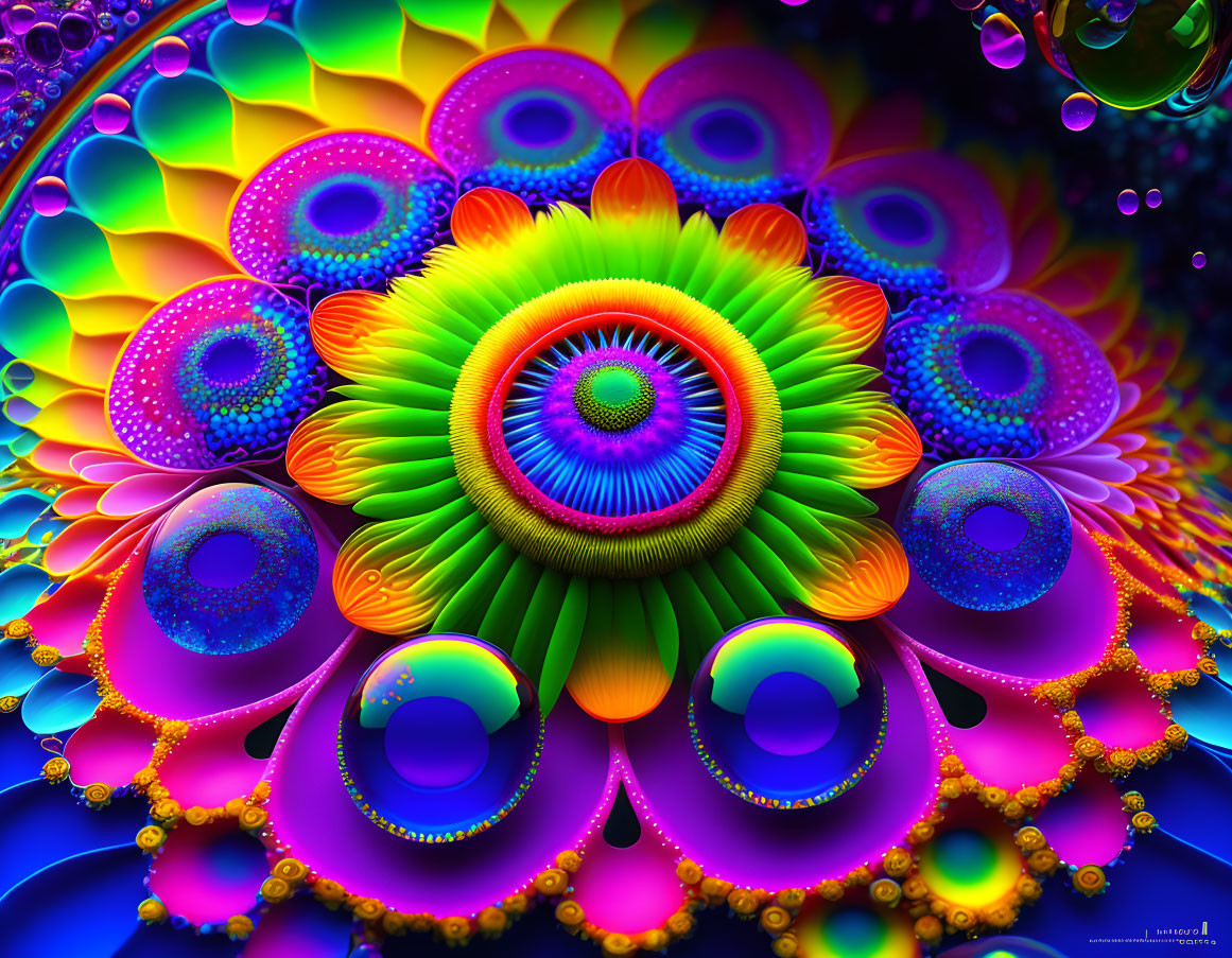 Colorful kaleidoscopic digital art with flower and fractal designs