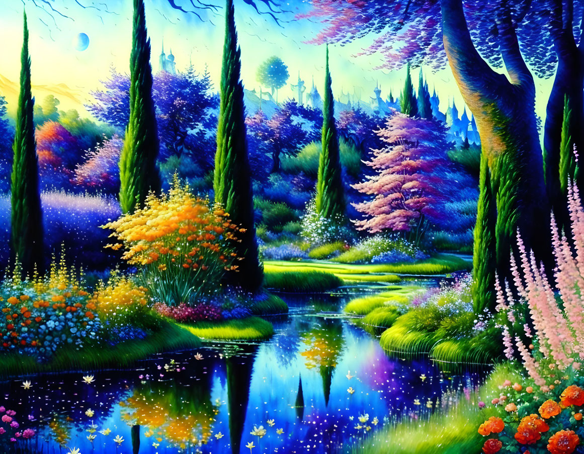 Lush Trees, Blooming Flowers, Serene River in Fantasy Landscape