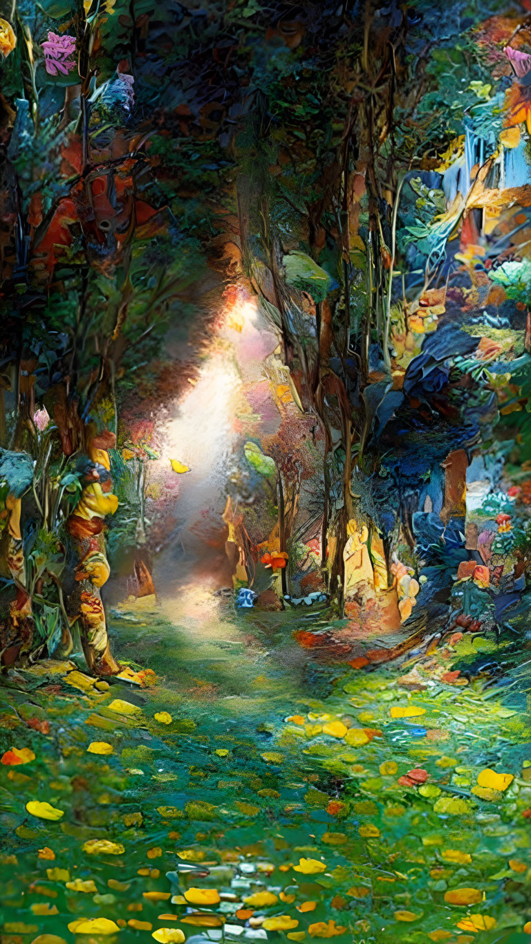 Impressionist-style painting of mystical forest with sunlit path