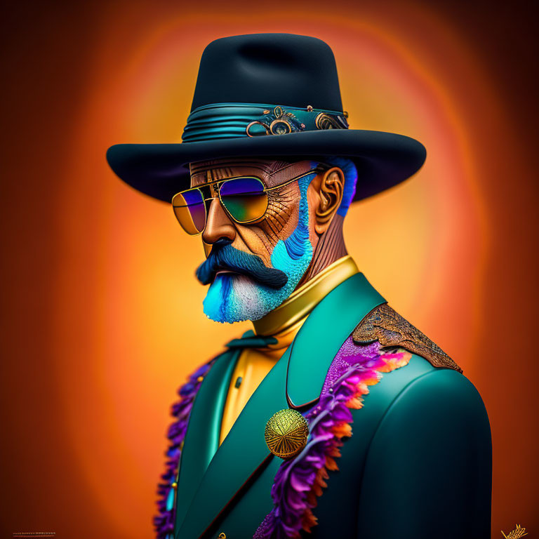 Sophisticated man portrait in teal top hat and sunglasses