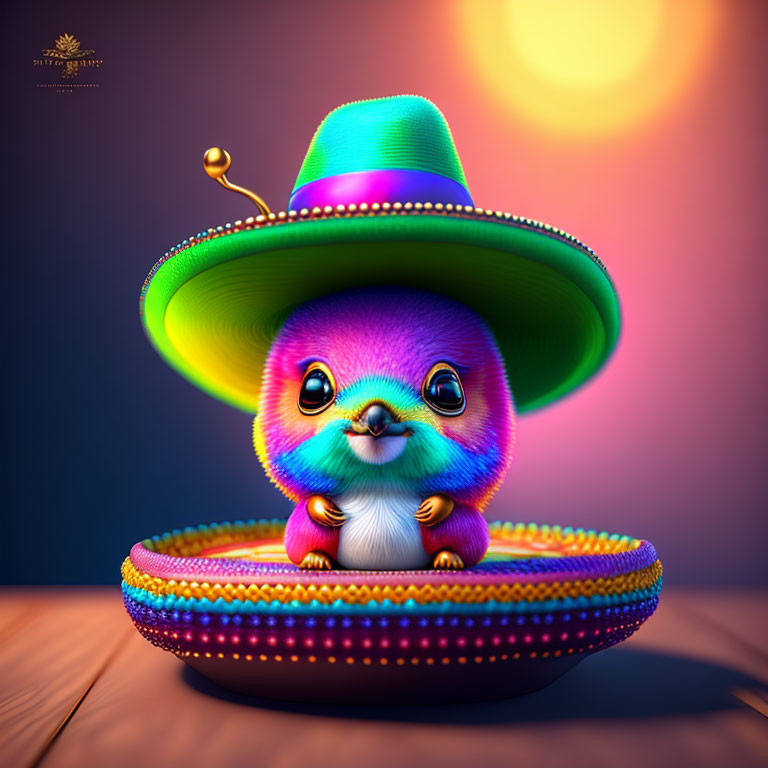 Multicolored animated creature in sombrero dish at twilight