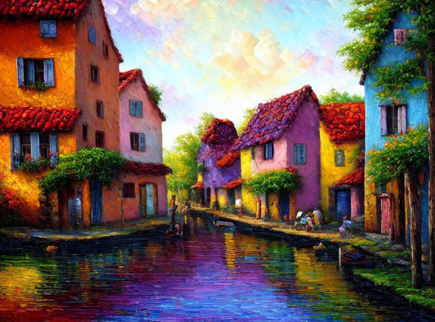 Colorful European-Style Canal Painting with Quaint Houses and Daily Life Activities