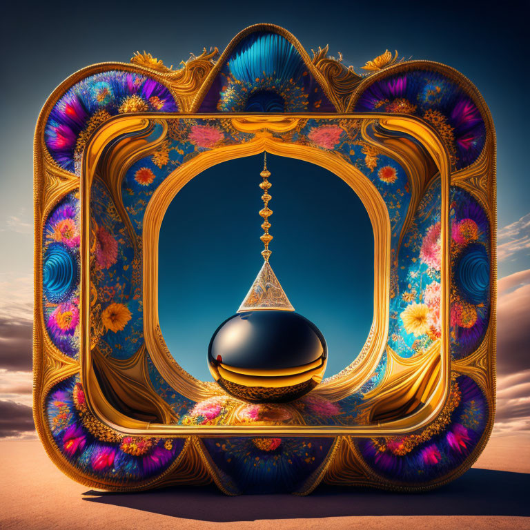 Ornate surreal frame with levitating black sphere in desert landscape