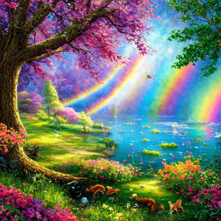 Colorful garden scene with rainbow, blooming trees, serene lake, and wildlife