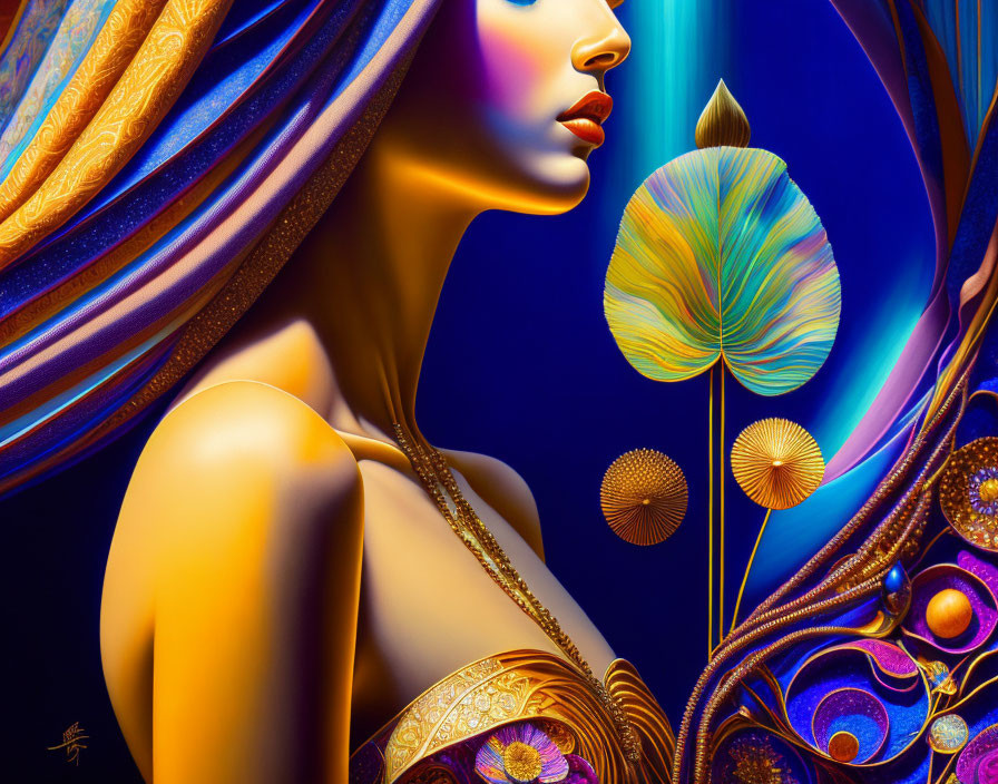 Colorful illustration of woman in blue and gold fabric with botanical element