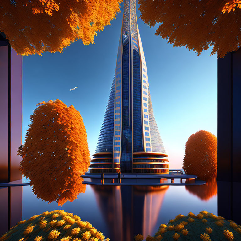 Futuristic skyscraper with spire, orange trees, blue sky, and water reflection