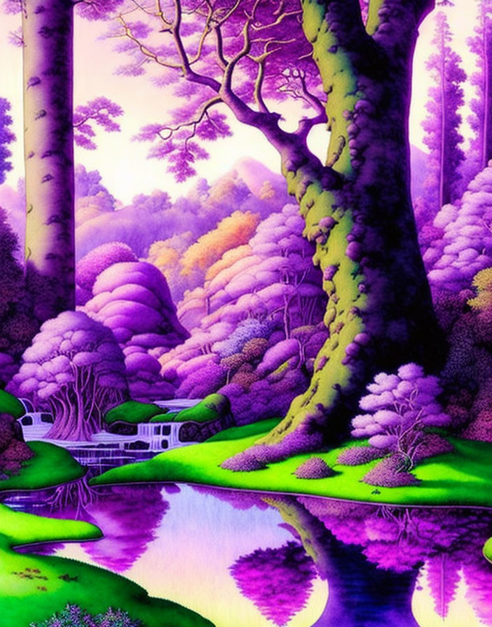 Fantastical purple-tinted forest with river and waterfall