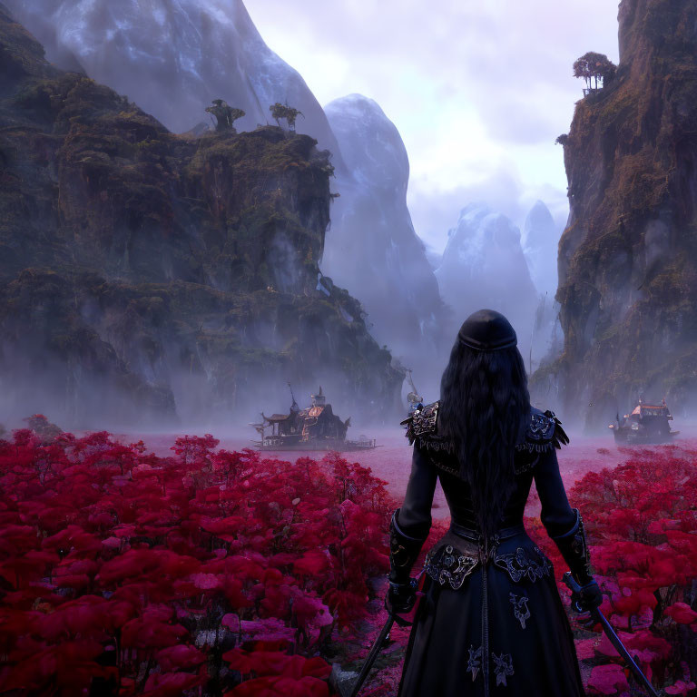 Black-armored character gazes at mystical Asian landscape with red flowers and misty mountains.