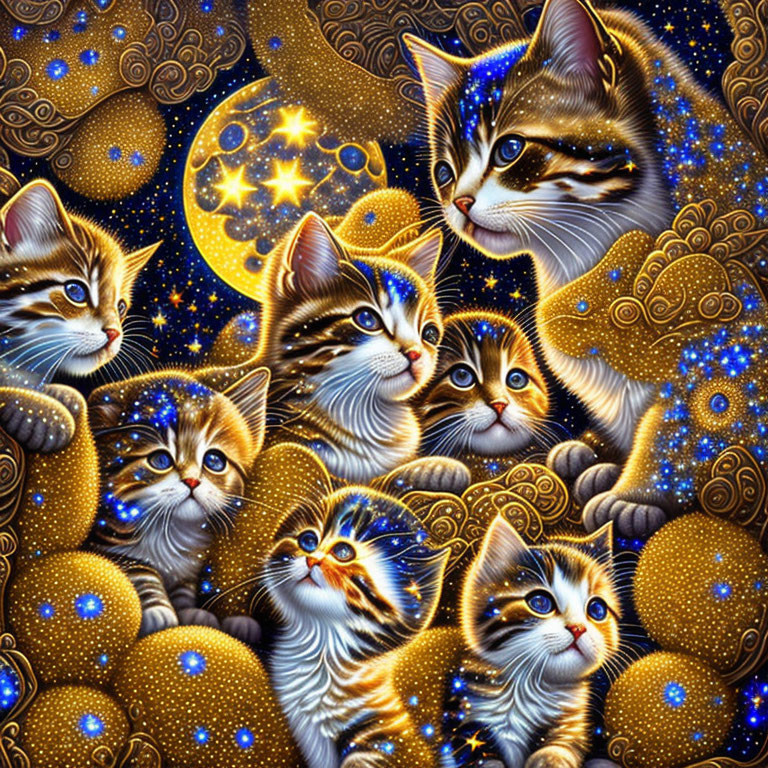 Vibrant cat illustration with celestial patterns on night sky backdrop