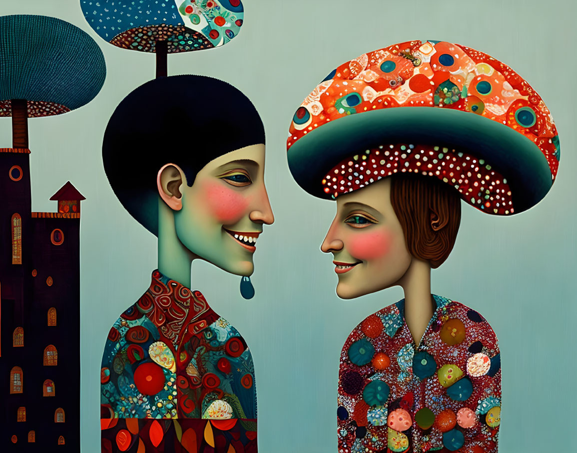 Stylized figures with mushroom cap heads in patterned clothing on whimsical background