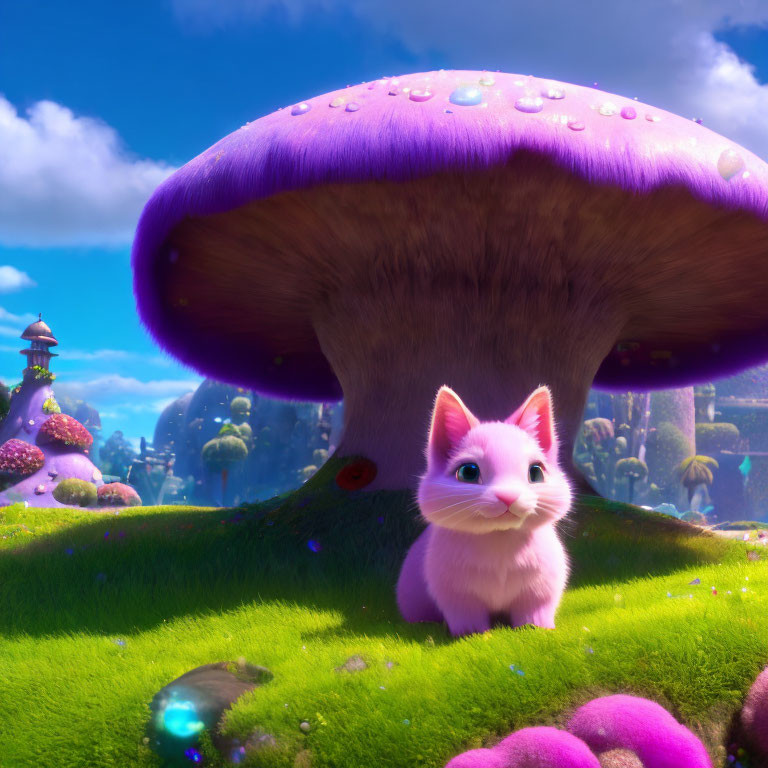 Pink animated kitten on vibrant green grass with purple mushroom and colorful backdrop