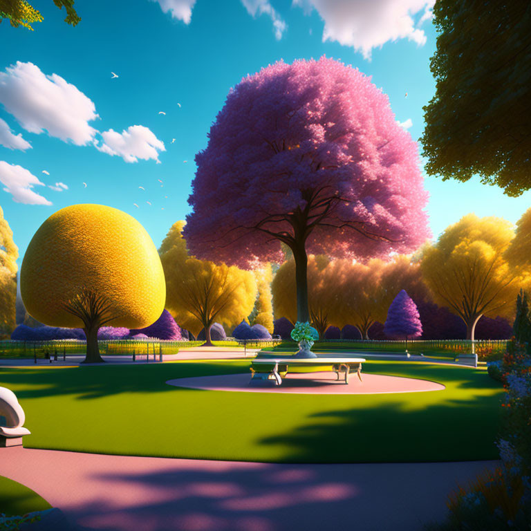 Colorful Park with Pink Blossoming Tree and Yellow Spherical Tree