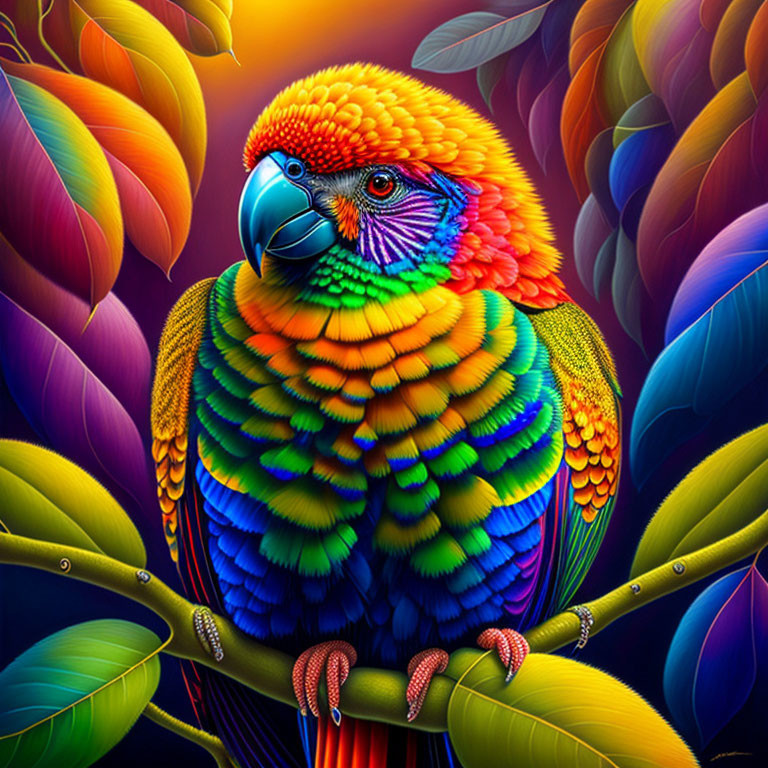 Colorful Parrot Illustration Among Lush Foliage