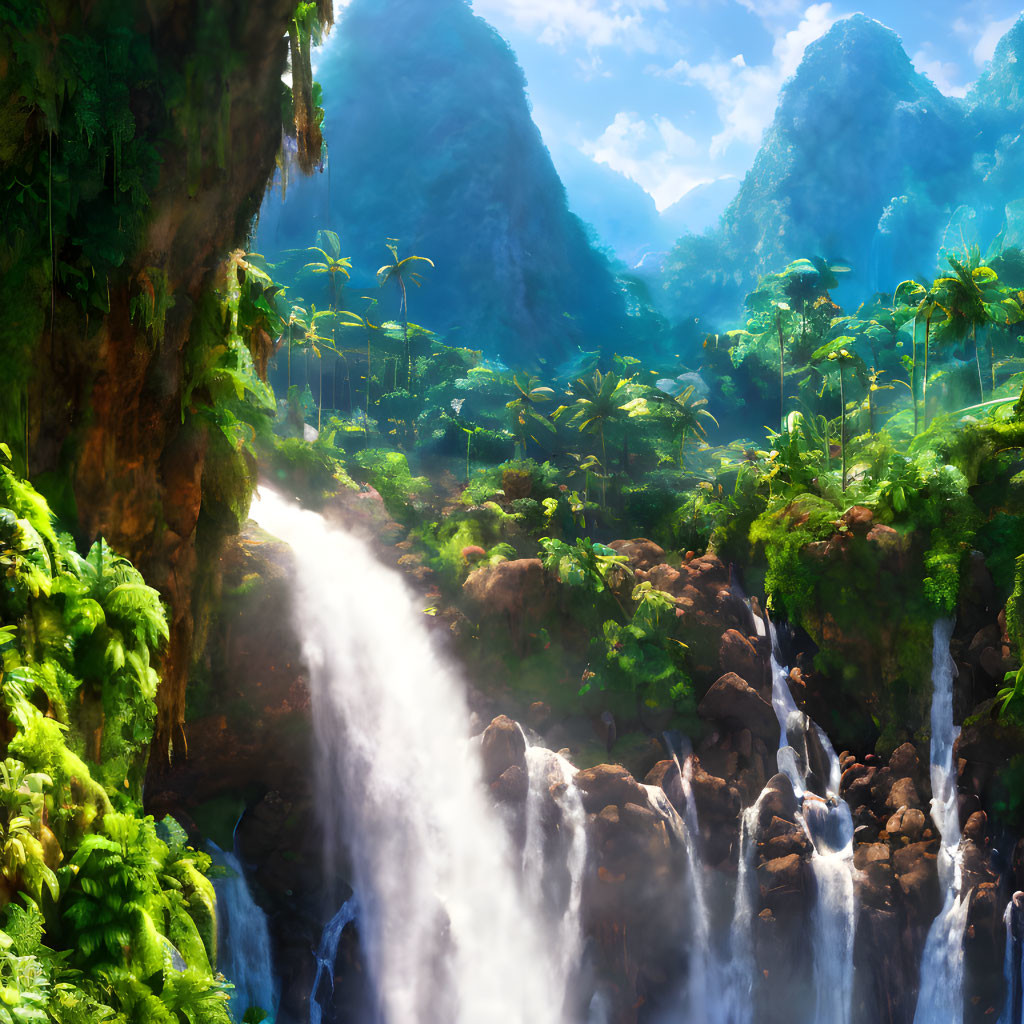 Tropical landscape with sunlit waterfall and lush vegetation