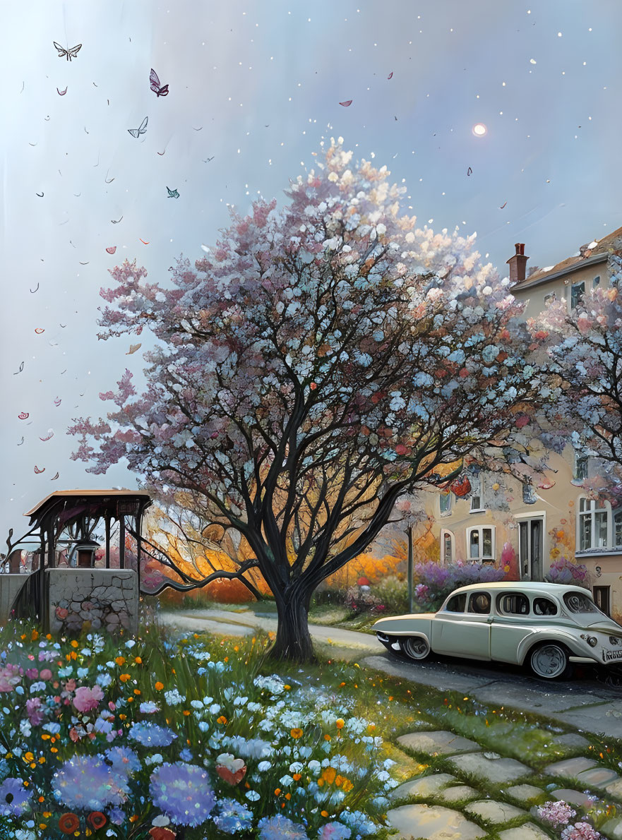 Tranquil cityscape with cherry tree, vintage car, flowers, gazebo, and floating petals