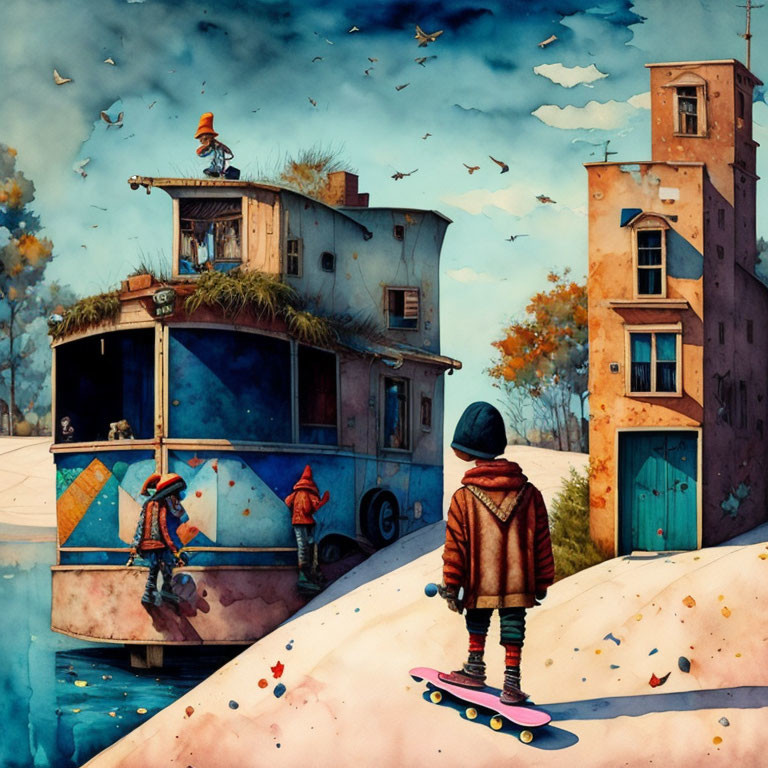 Child on skateboard admires vibrant, whimsical scene with eclectic buildings and surreal landscape.