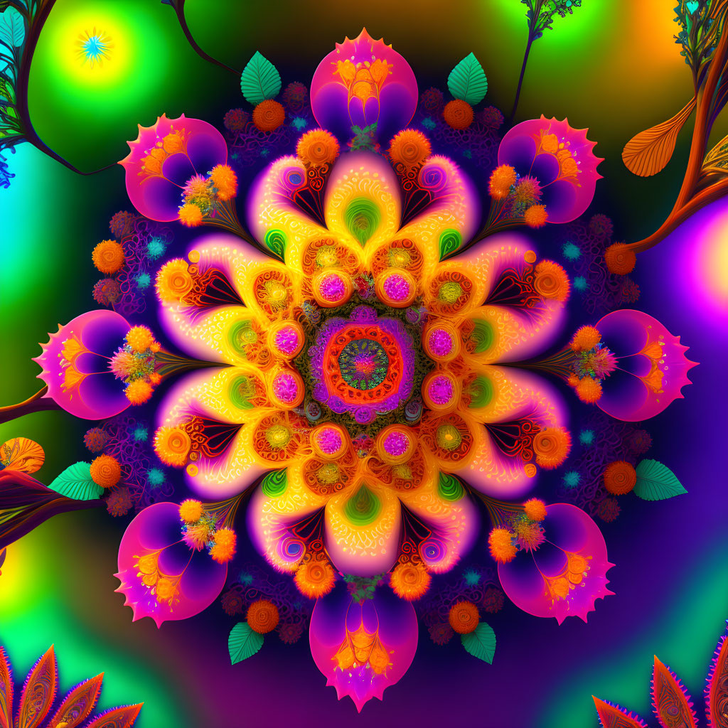 Colorful Symmetrical Fractal Floral Pattern in Purple, Orange, and Green