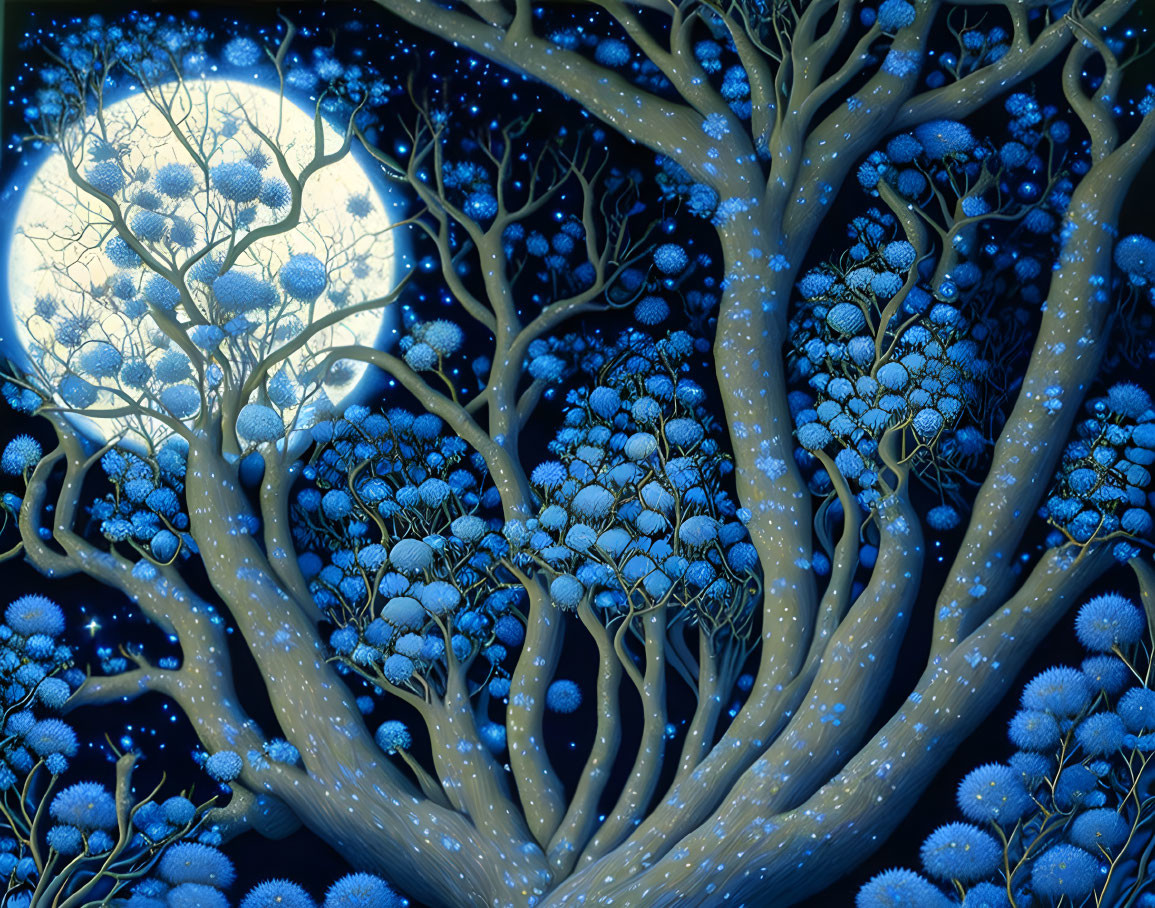 Detailed whimsical tree illustration under glowing full moon