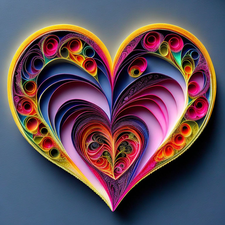 Vibrant quilled paper heart with yellow to purple gradient on grey background