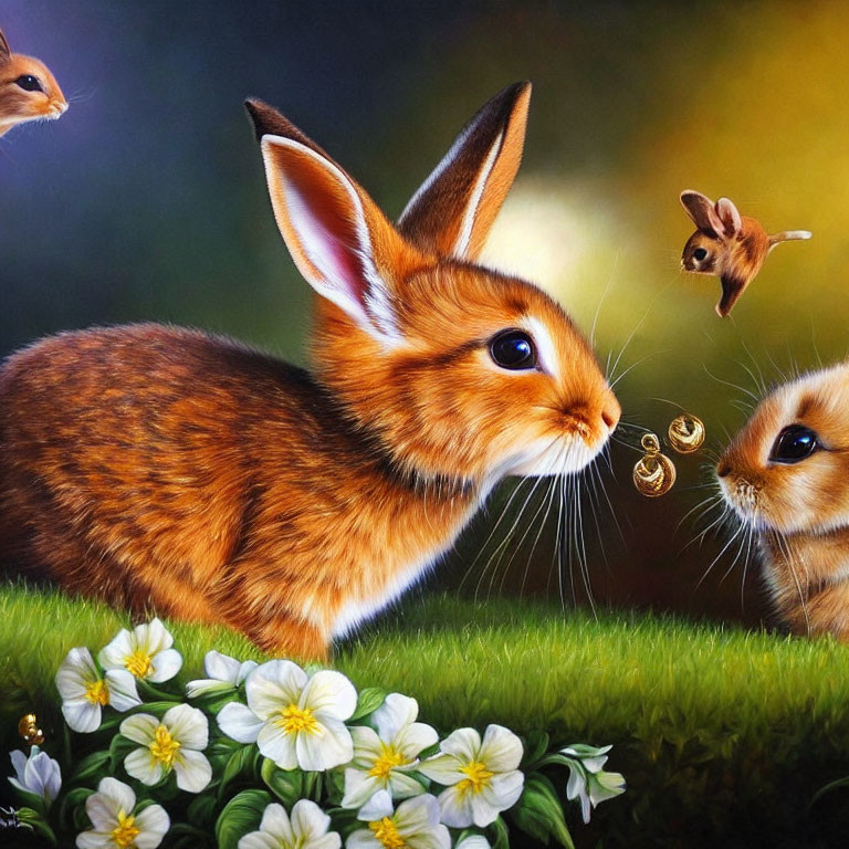 Detailed painting of brown rabbit with hummingbirds and blossoms