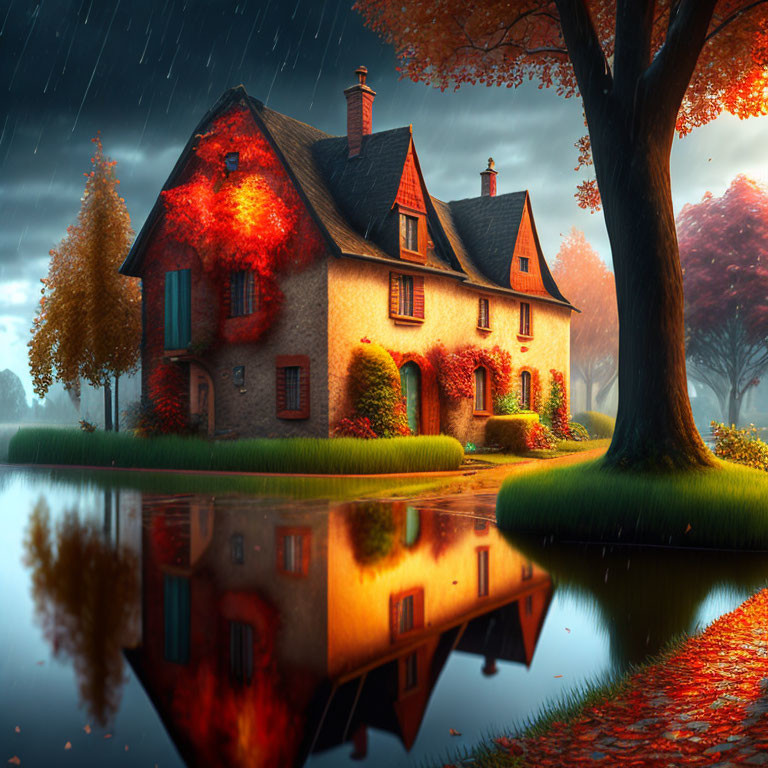 Two-story house with ivy in autumn setting near serene water body