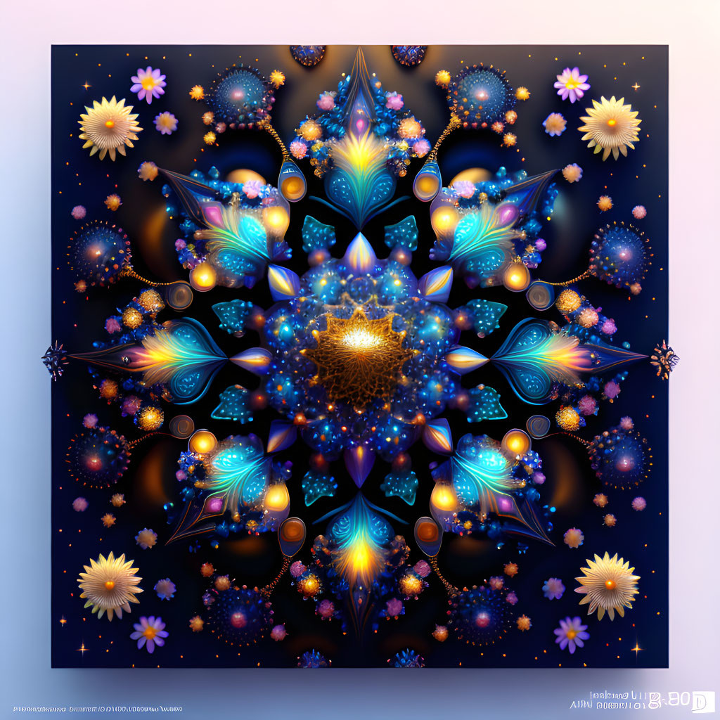 Symmetrical blue and gold floral fractal art with cosmic elements