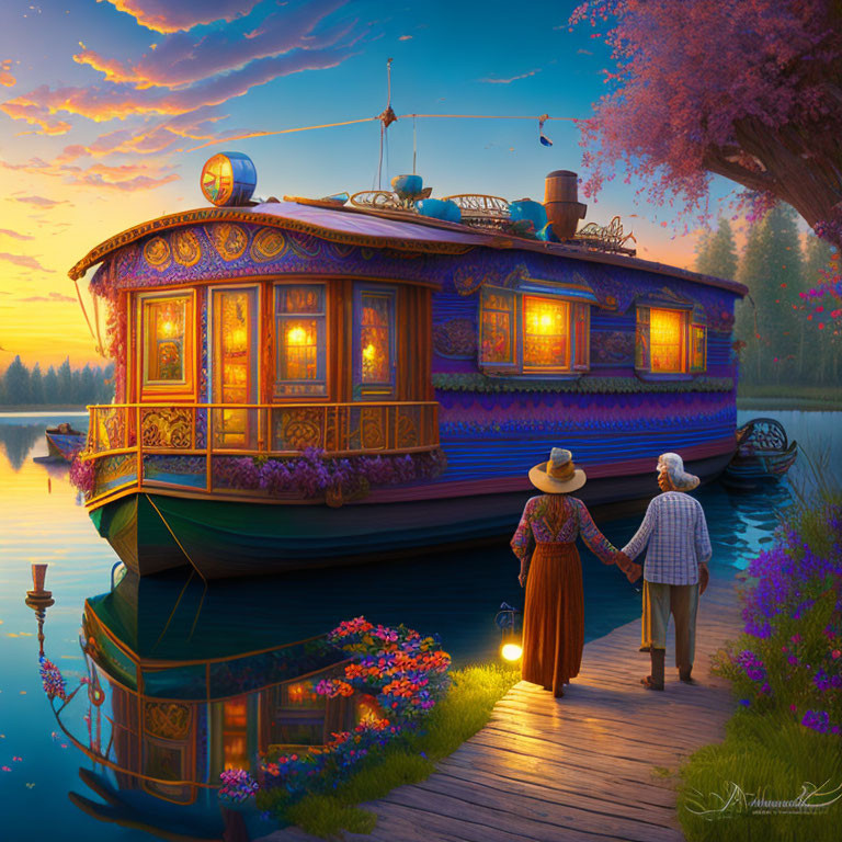 Couple admiring illuminated houseboat on tranquil waters at dusk